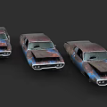 Three Rusty Vintage Cars with Blue and Brown Rust Parked Against Dark Background