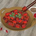 Braised Pork Belly Cubes In Black Plate With Cilantro Sesame Seeds And Sauce