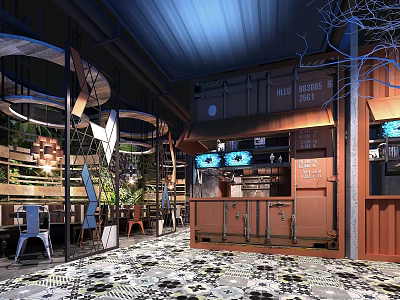 Modern Restaurant Interior Design With Open Layout Bar Counter And Green Plants 3d model