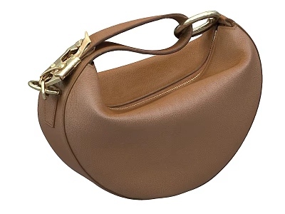 Brown Leather Half Moon Shape Bag with Metal Clasp and Handle 3d model