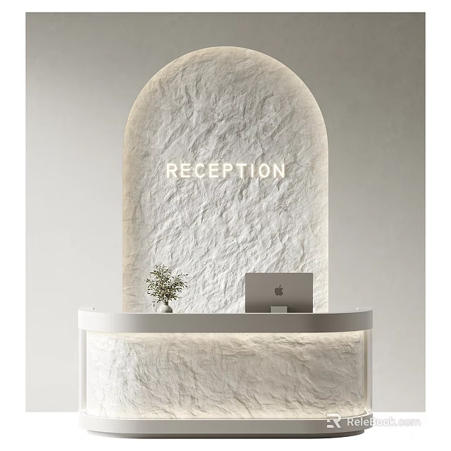 Modern Reception Area With Arched Stone Wall White Curved Counter Laptop And Small Plant 3d model 