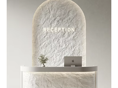 Modern Reception Area With Arched Stone Wall White Curved Counter Laptop And Small Plant 3d model