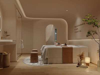 Luxurious Modern SPA Sauna Interior With Massage Bed Wooden Floor And Green Plants 3d model