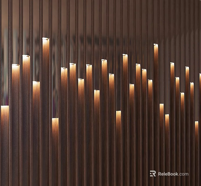 Modern Wooden Slat Wall Paneling with LED Strip Lights for Stylish Interior Design 3d model 
