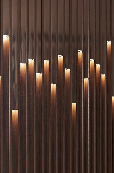 Modern Wooden Slat Wall Paneling with LED Strip Lights for Stylish Interior Design 3d model