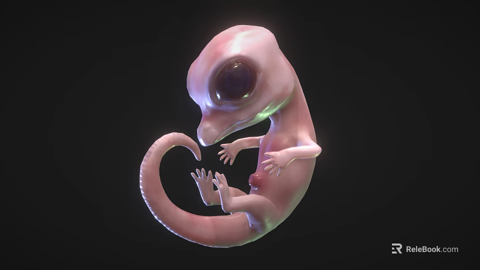 Pink Baby Reptile with Large Eyes in Curled Posture on Dark Background 3d model 