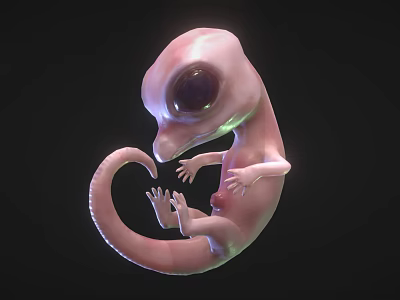 Pink Baby Reptile with Large Eyes in Curled Posture on Dark Background 3d model