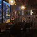 Modern Bar Interior With Dining Tables Wine Glasses Large Screen And Decorative Chandeliers