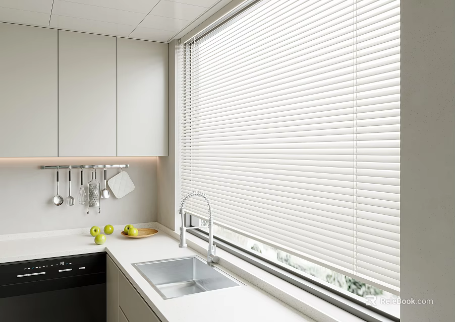 Venetian Blinds In Modern Kitchen Interior With White Cabinets Sink And Window 3d model 