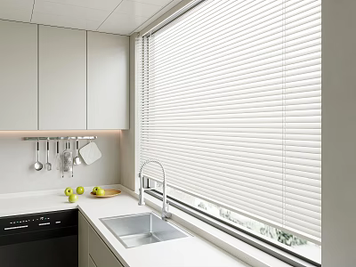 Venetian Blinds In Modern Kitchen Interior With White Cabinets Sink And Window 3d model