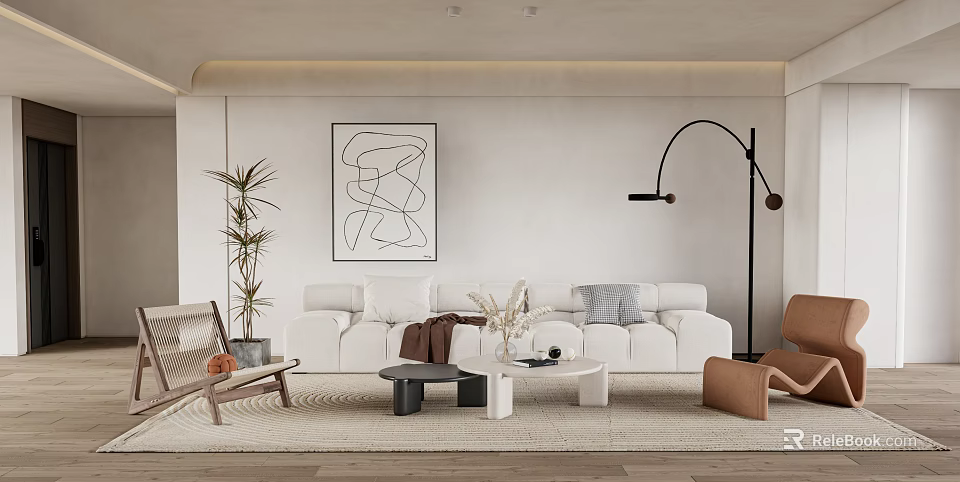 Modern Living Room With White Sofa Abstract Line Painting Floor Lamp Coffee Tables And Plant 3d model 