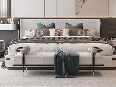 Elegant Modern Double Bed With Upholstered Headboard Decorative Pillows And Bench With Throw Blanket 3d model