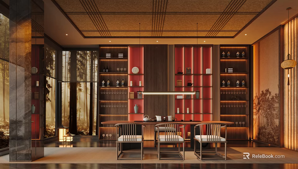 Traditional Tea Room Interior With Wooden Table Chairs Shelves Red Decor And Tea Sets 3d model 
