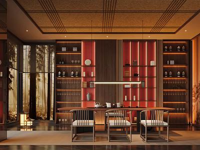 Traditional Tea Room Interior With Wooden Table Chairs Shelves Red Decor And Tea Sets 3d model