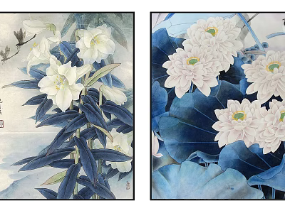 Chinese Traditional Flower Paintings With White Lilies Chrysanthemums And Green Blue Leaves 3d model