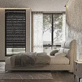 Modern Double Bed With Leather Headboard And Nightstand Lamp Near Large Window White Curtains