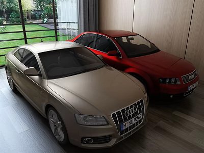 Gold And Red Luxury Cars Parked In Indoor Garage With Glass Window Green Garden View 3d model