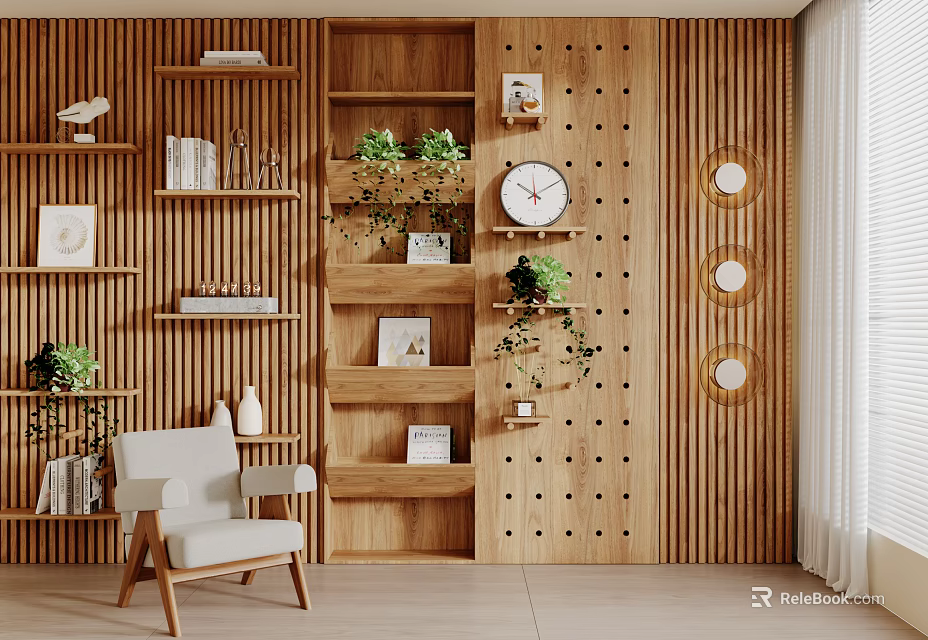 Wooden Decorative Cabinet In Living Room Interior With Shelves Plants Clock Photos And Round Lights 3d model 