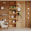 Wooden Decorative Cabinet In Living Room Interior With Shelves Plants Clock Photos And Round Lights