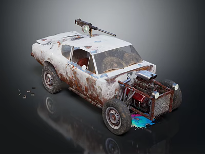 Old Rusty Car With Machine Gun On Roof Exposed Engine Scattered Parts And Colorful Stains 3d model