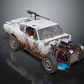 Old Rusty Car With Machine Gun On Roof Exposed Engine Scattered Parts And Colorful Stains