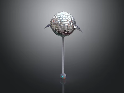 Shiny Mirrored Disco Ball With Metal Pole Wing Decorations And Colorful Base 3d model