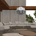 Modern Living Room Interior With Beige Sectional Sofa Wooden Beam And Gray Textured Wall
