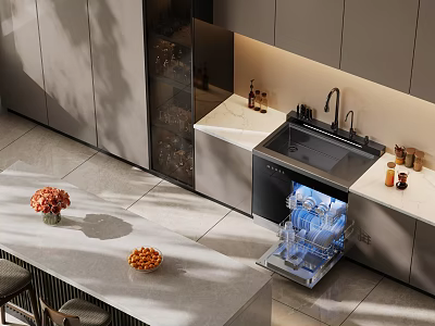 Modern Kitchen Interior Design Featuring Open Dishwasher With Marble Countertop And Cabinets 3d model