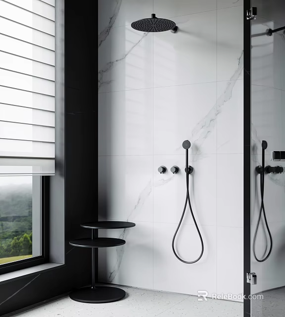 Stylish Black Shower Head in Modern Bathroom with White Marble Tiles and Black Side Table 3d model 