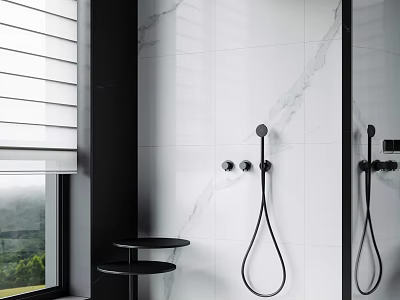 Stylish Black Shower Head in Modern Bathroom with White Marble Tiles and Black Side Table 3d model