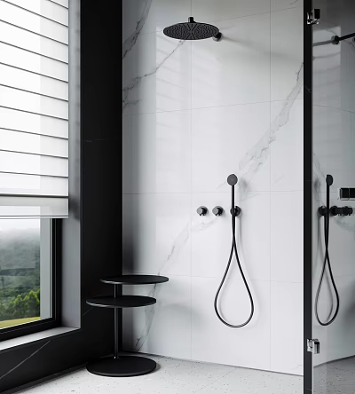Stylish Black Shower Head in Modern Bathroom with White Marble Tiles and Black Side Table 3d model