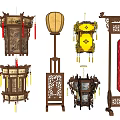 Chinese Style Lamp Combination With Wooden Carved Frames Hanging Lanterns And Floor Lamps