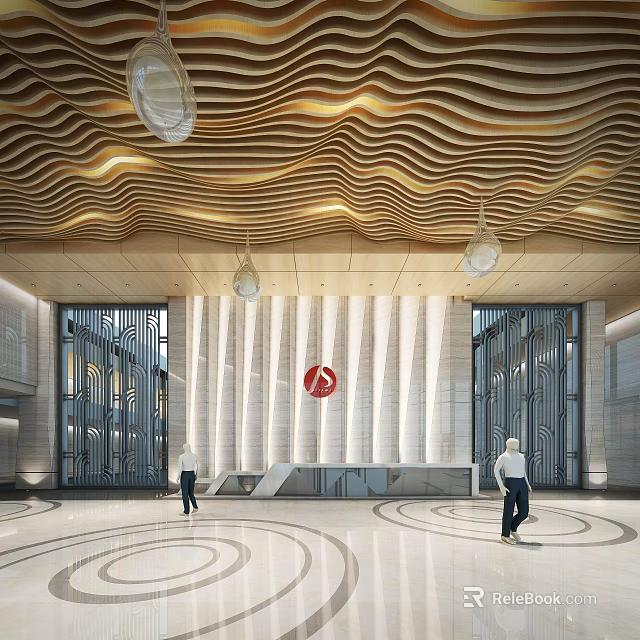 Modern Reception Lobby With Wavy Ceiling Pendant Lights Red Logo And Circular Floor Patterns 3d model