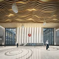 Modern Reception Lobby With Wavy Ceiling Pendant Lights Red Logo And Circular Floor Patterns 3d model