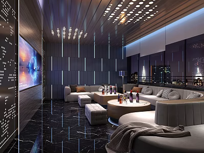 Modern Bar Interior Design With Comfortable Sofas Round Tables And Ambient Lighting 3d model