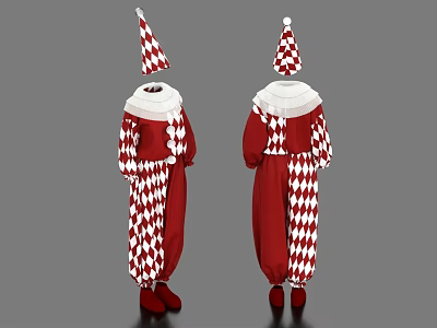 Red and White Clown Costume With Diamond Pattern Hat Collar and Jumpsuit 3d model