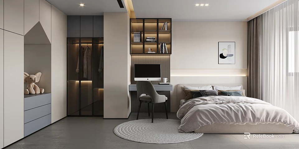 Modern Kids Room Interior With Cozy Bed Study Desk Wardrobe And Decorative Painting 3d model 