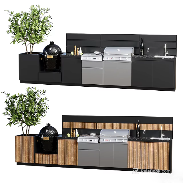 Two Styles Of Outdoor Kitchen With Appliances And Plants 3d model 