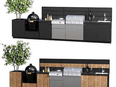 Two Styles Of Outdoor Kitchen With Appliances And Plants 3d model