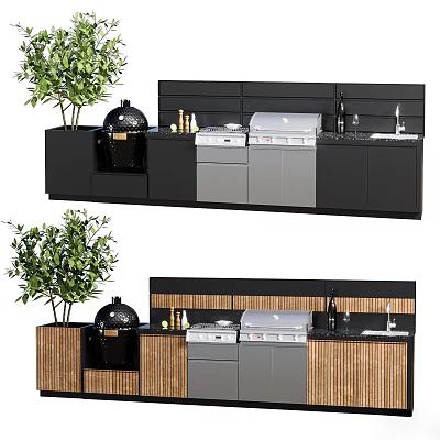 Two Styles Of Outdoor Kitchen With Appliances And Plants 3d model