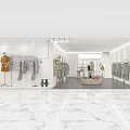 Modern Clothing Store With White Walls Marble Floors Hanging Clothes Mannequins Plants And Round Table