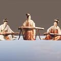 Game and Movie Female Characters in Traditional Costumes Playing Guzheng with Dark Background and Reflections