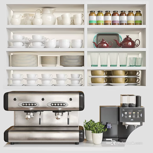 Modern Kitchen Appliances Featuring Espresso Machine Coffee Maker With Cups Teapots And Glasses 3d model