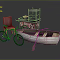 Vintage Red Chair Bicycle Wooden Boat And Cart With Shelves Scene