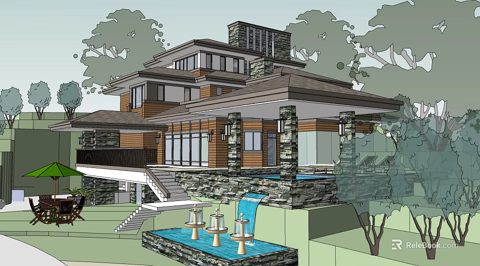 Modern Detached Villa With Stone Wood Exterior Large Windows Fountain And Greenery Landscaping 3d model 