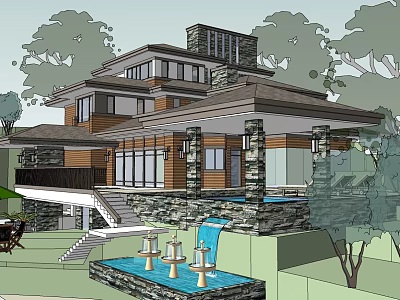 Modern Detached Villa With Stone Wood Exterior Large Windows Fountain And Greenery Landscaping 3d model