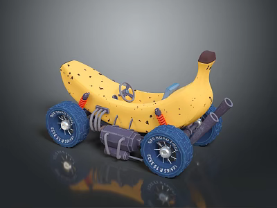 Yellow Banana Shaped Toy Car With Blue Wheels CHILL RIDE Tires And Exhaust Pipe 3d model
