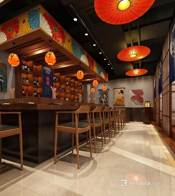 Traditional Japanese Restaurant Interior With Wooden Bar Counter Hanging Lanterns And Wine Racks 3d model 