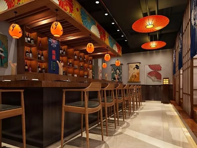 Traditional Japanese Restaurant Interior With Wooden Bar Counter Hanging Lanterns And Wine Racks 3d model