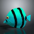 Blue Fish with Black Stripes and Red Yellow Eyes on Gray Background with Reflection